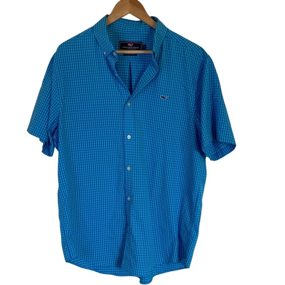 Vineyard Vines Men's Vibrant Blue Check Whale Shirt Size Large Short Sleeve - Picture 1 of 10